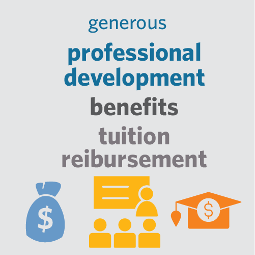 Info-graphic that says "Generous professional development, benefits, and tuition reimbursement"